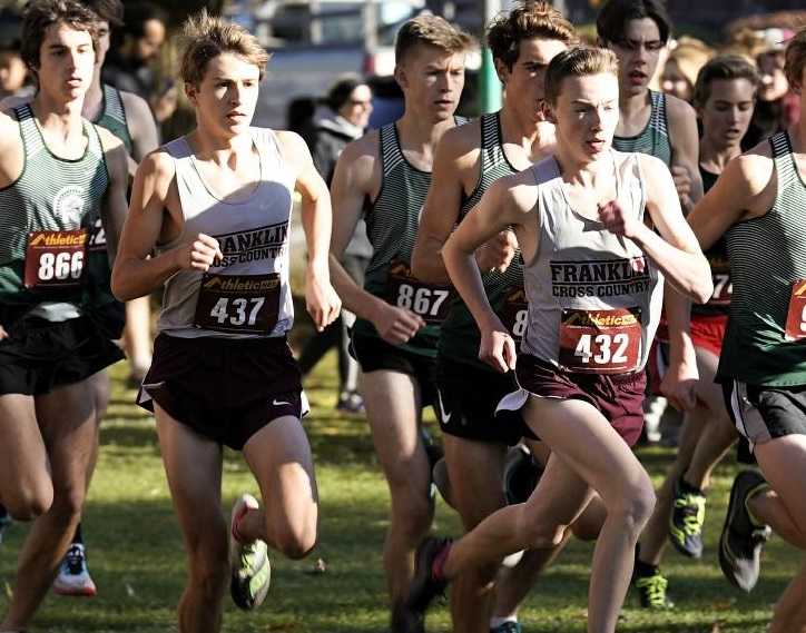 Franklin's Aidan Palmer (432) and Charlie Robertson (437) finished 1-2 in the PIL district meet. (Photo by Jon Olson)