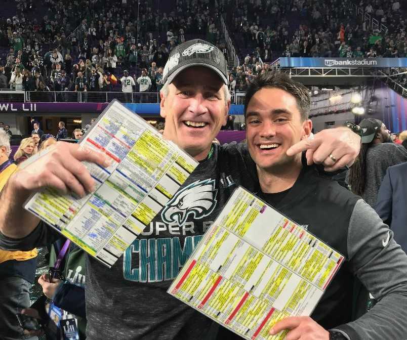 Spencer Phillips (right) with assistant Frank Reich after Philadelphia won the Super Bowl. (Samantha Wood/Philadelphia Eagles)