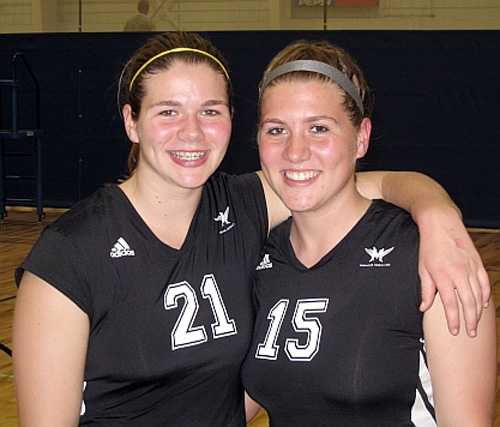 Liz Brenner, left, and sister Mary Claire in MAC Club volleyball uniforms in 2007