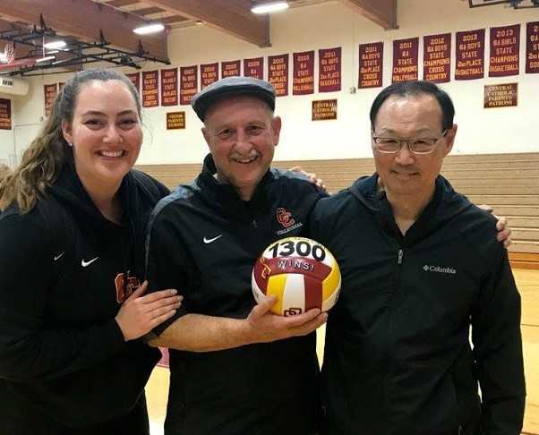 Kayla Hambley (left) and Malcolm Doi (right) with Rick Lorenz after his 1,300th win two years ago.