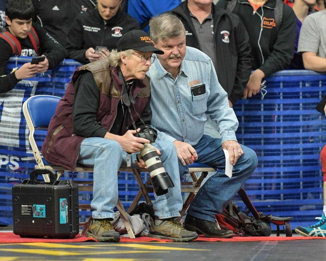 Coaches Doug Hislop (right) and Ron Osterloh (left) bring plenty of experience to the mat for Imbler. (Photo by Kristi Cason)
