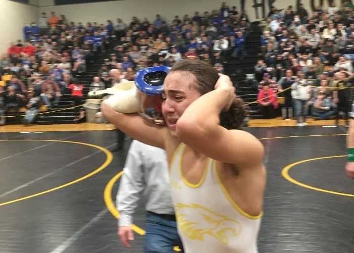 Stayton's Mauro Michel is overwhelmed with emotion after winning his fourth state championship Saturday night at Cascade.