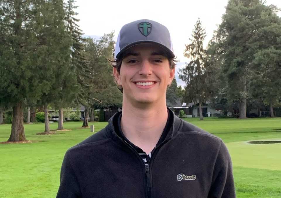 Jesuit senior Miles Eastman leads his team into the 6A tournament at Trysting Tree in Corvallis. (Photo courtesy Jesuit HS)