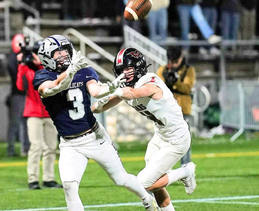 Wilsonville's Nick Crowley (3) hauls in the go-ahead touchdown catch in the fourth quarter Friday night. (Photo by Jon Olson)