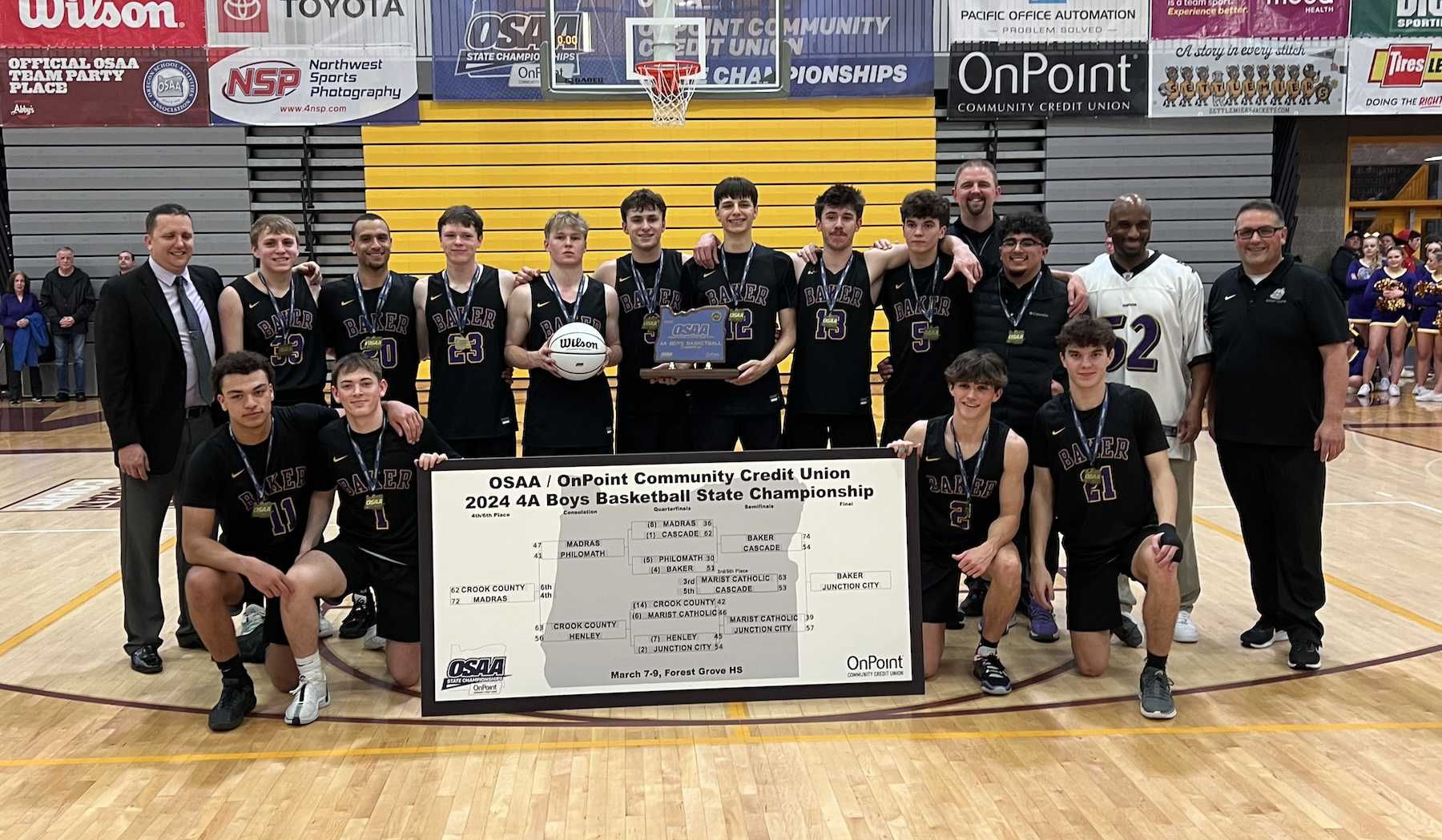 The Baker Bulldogs defeated Junction City 75-58 Saturday to claim a second 4A boys basketball state title. (Jim Beseda photo)