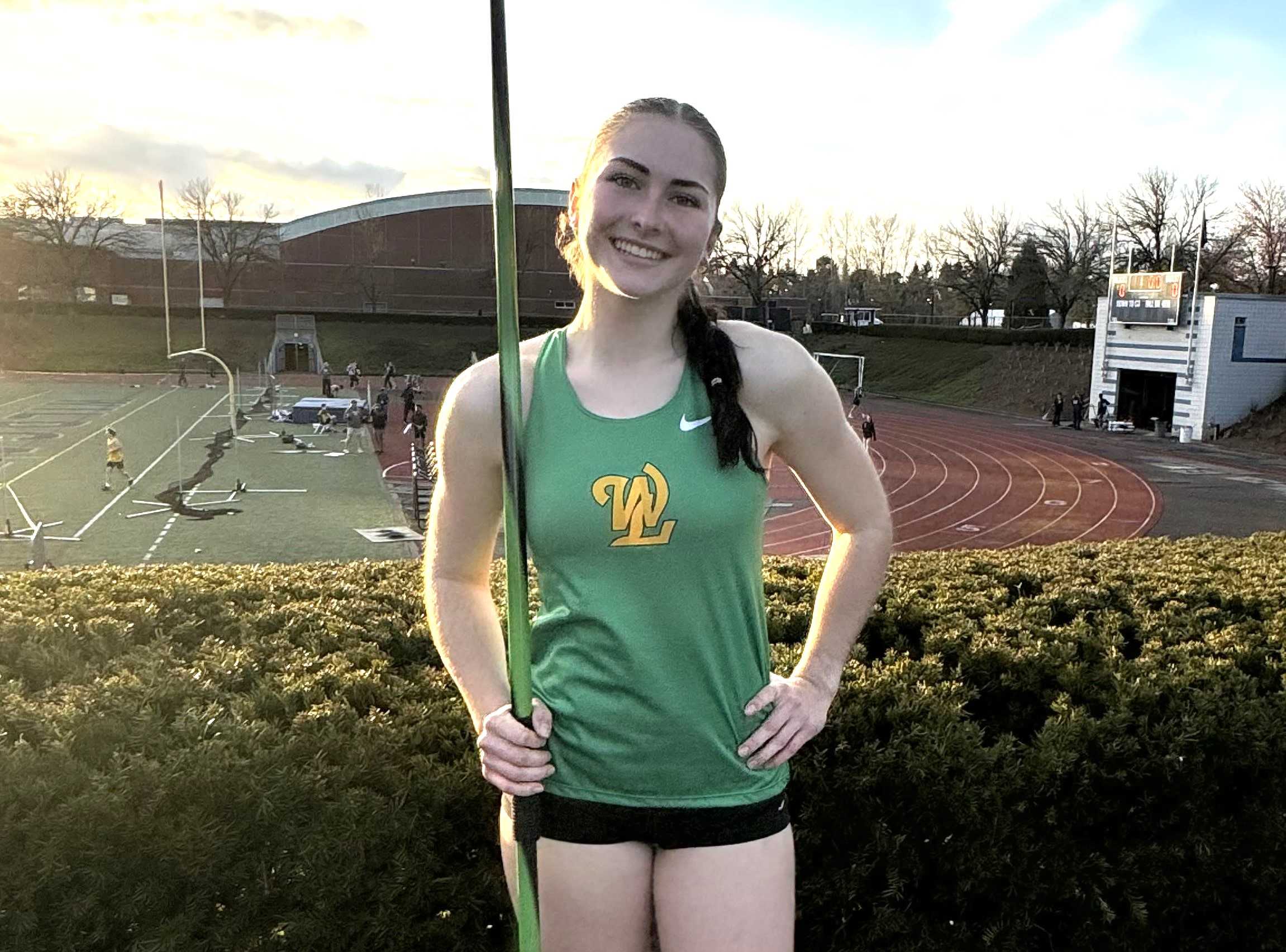 West Linn junior Hayden Williams-Downing hit 162 feet, 9 inches on her final javelin throw March 13 at Wilsonville.