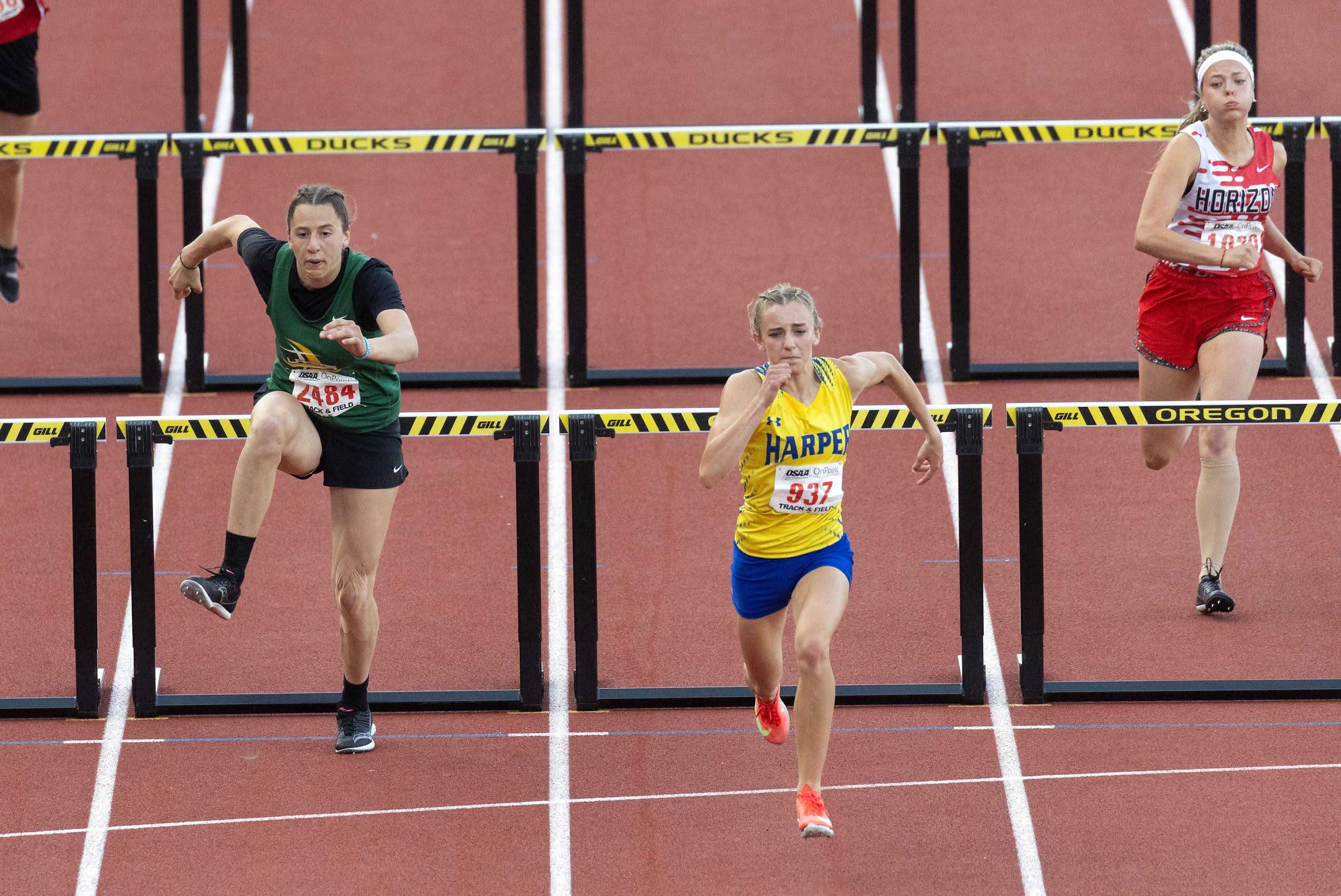 Harper's Lindsay Talbot repeated as 1A champion in both hurdles races Saturday at Hayward Field. (Photo by Kathy Aney)