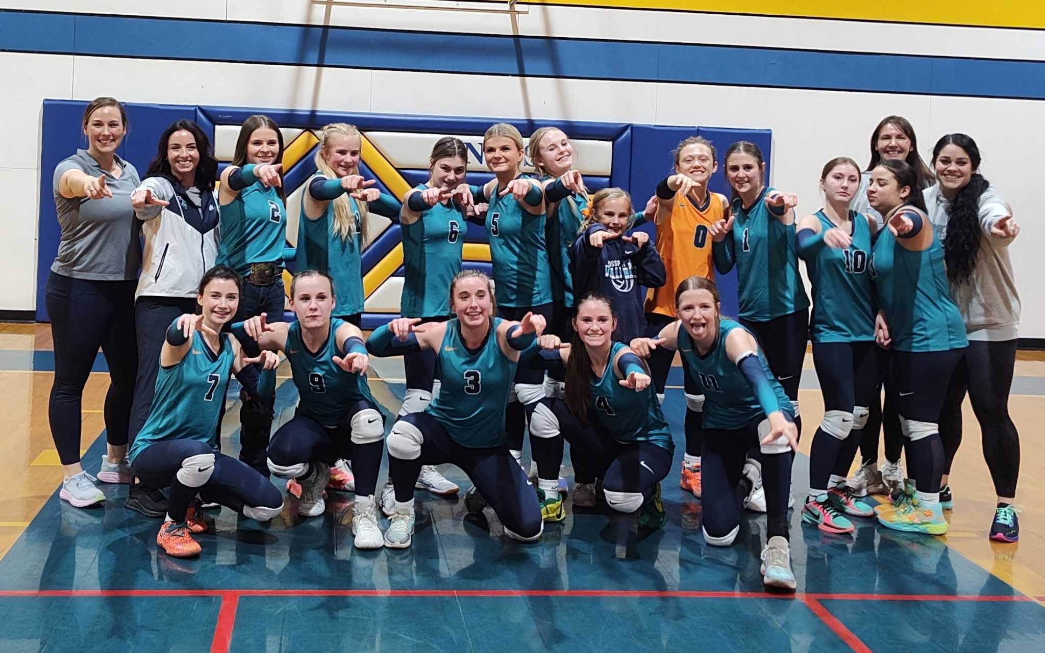 Crosspoint Christian volleyball poses after a massive upset over North Clackamas Christian. (Photo from Holly Rice)