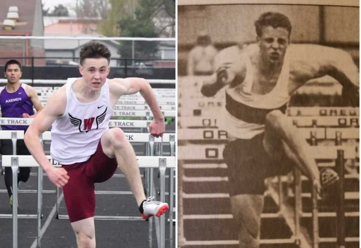 Dylan Murray (left) is chasing Willamette's school record in the high hurdles, held by his father, Ron (right). (Willamette HS)
