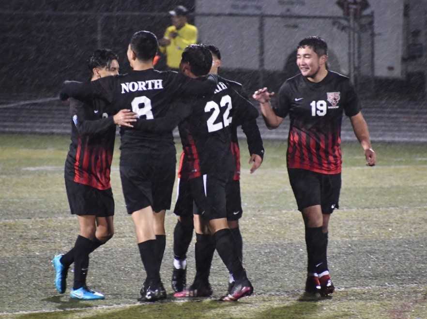 North Salem players celebrate a goal in Tuesday's 3-1 win over Silverton. (Photo by Jeremy McDonald)