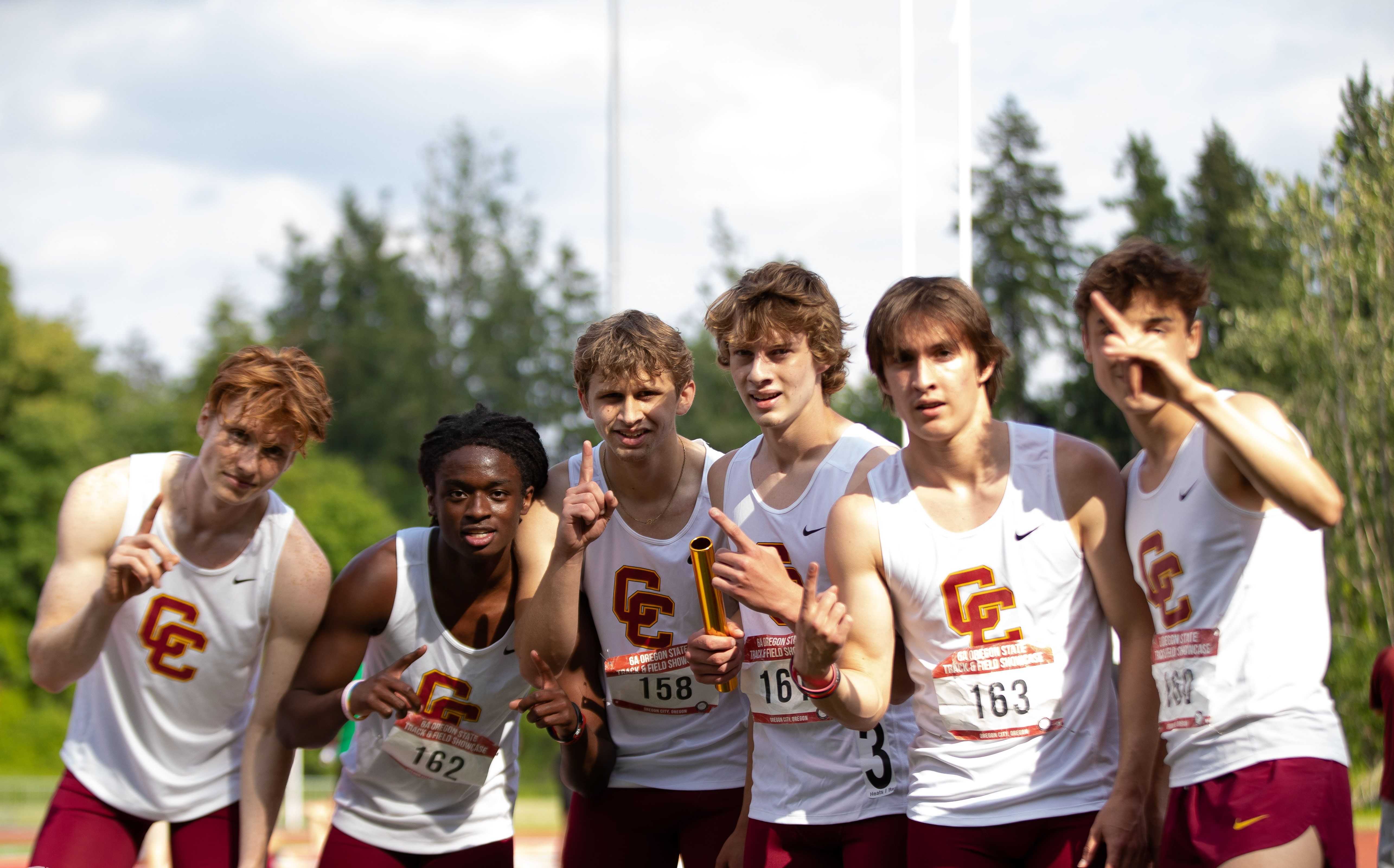 Central Catholic celebrates after winning the 4x400 relay in the 6A meet last season. (Photo by Jordan Beckett)