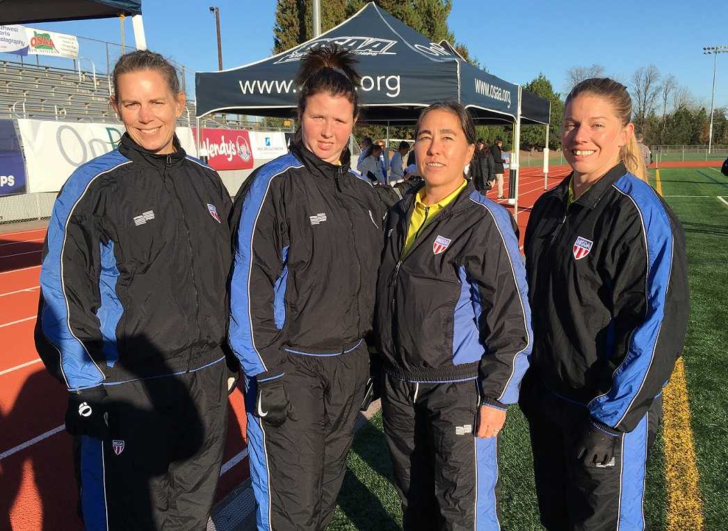 The crew for the 4A girls final was (from left) Dana Gorman, Loraine Hill, Melanie Namkoong and Terrah Owens.