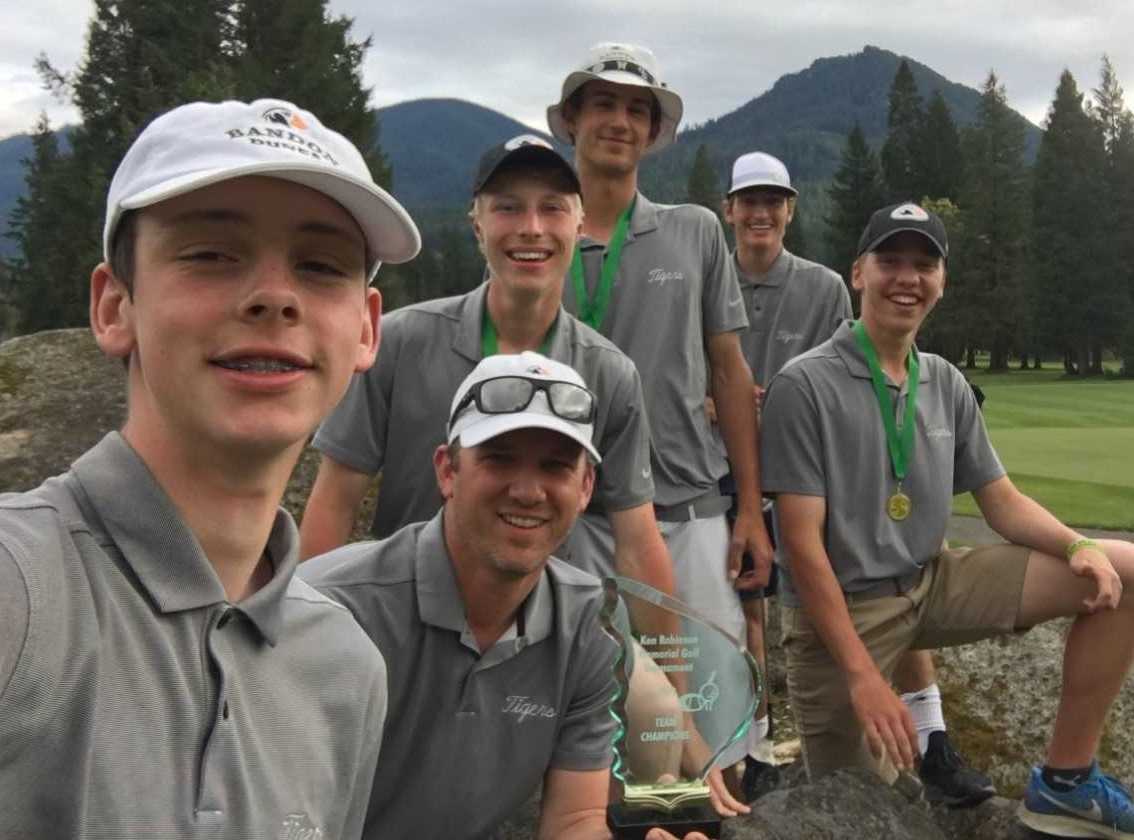 Bandon's golf team (from left): Luke Brown, coach Scott Millhouser, Alexander Schulz, Jackson Kennon, Matt Yarbor, Isaac Cutler.