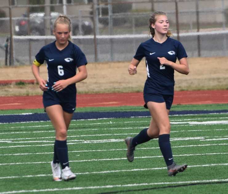 KJ Nyquist (6) and Maddie Pask (2) each scored twice for Stayton on Saturday. (Photo by Jeremy McDonald)